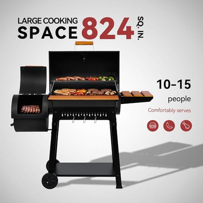Grills House Barrel Charcoal Grill with Offset Smoker, 824 Sq. In. Cooking Area, Wooden Front Shelf, Bottom Shelf, Blow-Molded Wheels, Outdoor Charcoal Grill for Backyard Cooking, Black,CC1831W