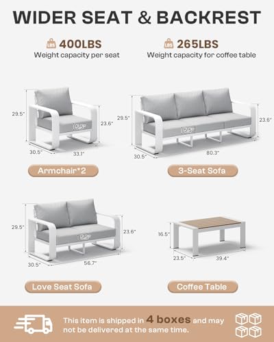 Oasbira Oversized Aluminum Outdoor Furniture Set, Extra Large Patio Furniture Sofa Set 4.8” Widened Armrest & Ultra-Thick Cushions, 5 Pcs Modern Patio Sectional for Backyard, Porch, White