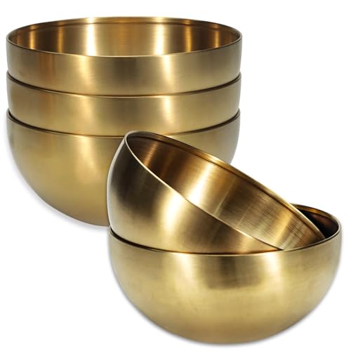 Huakaile 5 Pack 25 Oz Stainless Steel Bowl Set, Heat Insulated Metal Soup Bowls, Matte Finish Cereal Bowls for Rice Salad Noodle Snack Cooking Kitchen Ice Cream Serving Mixing Prep (Gold)