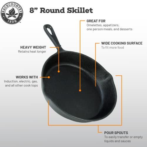 Backcountry Iron 8 Inch Round Medium Pre-Seasoned Cast Iron Skillet