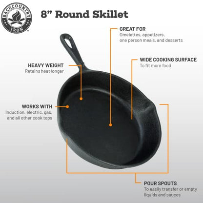 Backcountry Iron 8 Inch Round Medium Pre-Seasoned Cast Iron Skillet