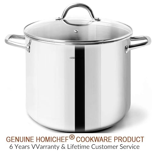 HOMICHEF 10 Quart Stock Pot With Glass Lid - Nickel Free Stainless Steel 10 Qt Pots With Handle - Mirror Polished StockPot 10 Quart - Induction Cooking Pots With Lid - Healthy Soup Pot