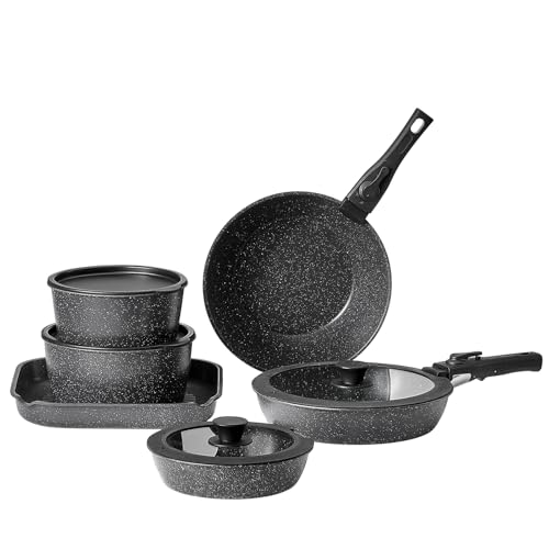 VEVOR 17 Piece Pots and Pans Set, Granite Nonstick Detachable Handle Cookware, Space Saving Induction Cookwares, Kitchen RV Cooking Sets with Frying, Sauce, Saute, Tempered Glass Lid, Oven Safe, Black