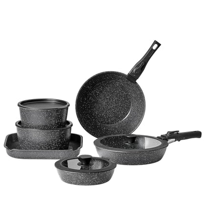 VEVOR 17 Piece Pots and Pans Set, Granite Nonstick Detachable Handle Cookware, Space Saving Induction Cookwares, Kitchen RV Cooking Sets with Frying, Sauce, Saute, Tempered Glass Lid, Oven Safe, Black