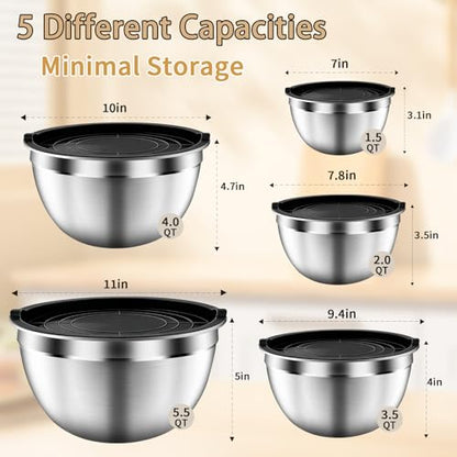ZEENSUY Mixing Bowls with Airtight Lids Set, 5 PCS Stainless Steel Black Nesting Bowls for Kitchen, Large Prep Metal Mixing Bowls for Kitchen, 5.5/4/3.5/2/1.5 QT for Mixing & Serving