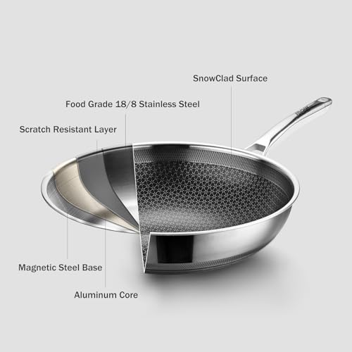 SNOWCLAD Wok, 13 Inch Hybrid Woks & Stir-fry Pans Nonstick, Non Toxic Stainless Steel Wok Pan with Lid, Dishwasher Induction Oven Broiler Safe, PFOA Free Cookware Non Stick