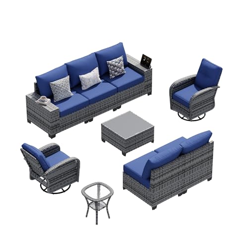 LazySunsets 9 PCS Patio Furniture Set, Outdoor Sectional All-Weather Wicker Conversation Set with Swivel Rocker Chairs, 4'' Thick Cushions for Backyard Poolside(Navy/Grey)