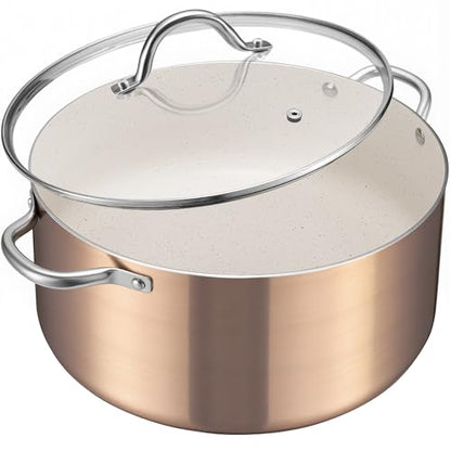 BEZIA 8 Quart Nonstick Stock Pot with Lid, Golden Granite Cooking Pot for Effortless Cleanup, Perfect for Family Dinners & Daily Cooking, Induction Compatible