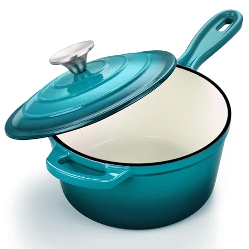 3 Quart Sauce Pan with Lid, Leonyo Enameled Cast Iron Sauce Pot, Large Cast Iron Pot Dutch Oven Kitchen Cookware for All Cooktops Cooking Pasta, Soup, Milk - Up to 500°F & 8bs, Lake Green