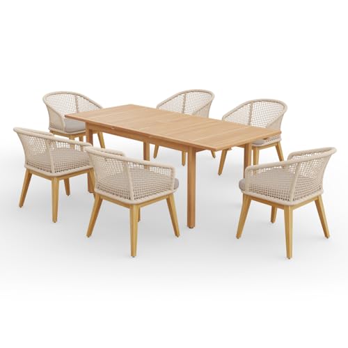 OC Orange-Casual 7-Piece Patio Acacia Wood Dining Set, Extendable Table & Checkerboard Woven Chairs, Outdoor Furniture Set for Garden, Backyard, Deck (Beige)