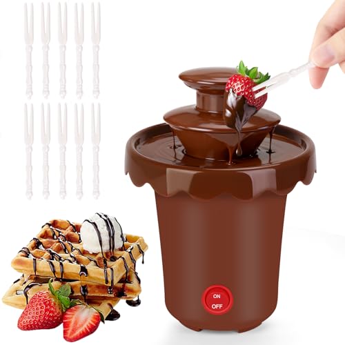 5-OZ Mini Chocolate Fountain with 10 Forks, 2-Tier Mini Chocolate Dipping Machine for Use Only with Chocolate Syrup, fit for Parties, Daily Use, Powered by 4 x C Batteries (Not Included)