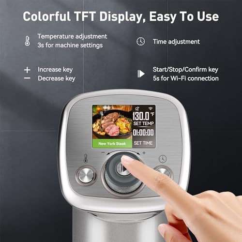 KitchenBoss WiFi Sous Vide Cooker: Ultra-quiet Sous Vide Machine Built-in TFT Color Display Recipes, 1100W Sous Vide Immersion Circulator Accurate Temp Waterproof Magnetic Knob APP Control, Silver