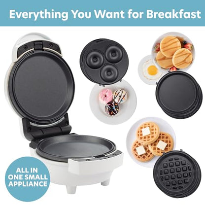 3 in 1 Mini Breakfast Maker- Make Mini Waffles Donuts Pancakes or Eggs all in 1 Multi Use Appliance- Easily Swap & Clean Interchangeable Griddle Plates- Small Electric Nonstick Baker with Recipe Guide
