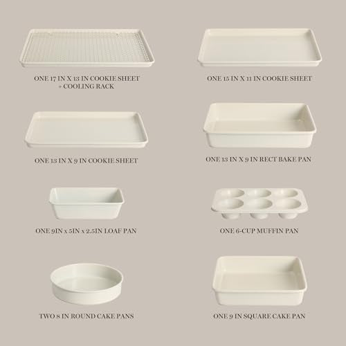 Martha Stewart Gallen 10 Piece Baking Pans Ceramic PFA Free Non Toxic Non Stick Bakeware Set - Linen White