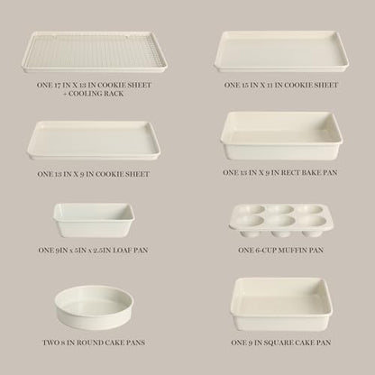 Martha Stewart Gallen 10 Piece Baking Pans Ceramic PFA Free Non Toxic Non Stick Bakeware Set - Linen White