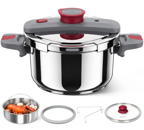 MICHELANGELO Stovetop Pressure Cooker Stainless Steel, 4.2 qt, 304 Stainless Steel, 6-Fold Safety System, One-Hand Easy-Open Lid, 2 Pressure Settings, Steamer Basket & Glass Lid, Induction Compatible