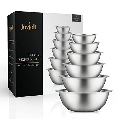 JoyJolt Stainless Steel Mixing Bowl Set - 6 Piece Nesting Bowls, 5qt to 0.5qt, Ideal for Kitchen, Cooking, Baking and Storage