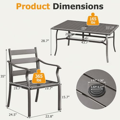 EROMMY 7-Piece Outdoor Patio Dining Set for 6, 6 Metal Slat Chairs & Rectangular Table with Umbrella Hole, Heavy-Duty Patio Furniture for Backyard, Deck and Garden