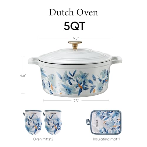 CAROTE 5 QT Cast Iron Dutch Oven Pot with Lid, Enameled Floral Dutch Ovens with Cotton Potholders & Oven Gloves, Gift Box, Cast Iron Pot for Sourdough Bread Baking, Braising, Stews, Roasting, Dual Handles, All Stovetop Compatible, Oven Safe up to 500° F,