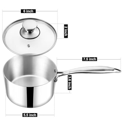 TeamFar 1qt Saucepan with Lid, Stainless Steel Tri-ply Small Cooking Pot Sauce Milk Pan with Ergonomic Handle, for Induction/Gas/Electric/Ceramic, Healthy & Heavy Duty, Dishwasher Safe