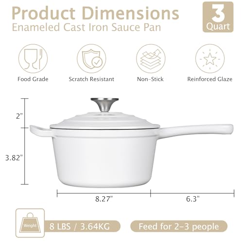 TeamFar 3QT Enameled Cast Iron Sauce Pan, Small Sauce Pot with Lid, Mini Dutch Oven Saucepan for Cooking/Simmering/Baking/Boiling, Sturdy & Nonstick, Oven Safe & Fit for Induction-White