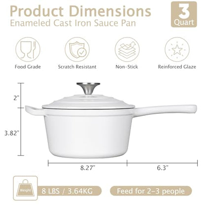 TeamFar 3QT Enameled Cast Iron Sauce Pan, Small Sauce Pot with Lid, Mini Dutch Oven Saucepan for Cooking/Simmering/Baking/Boiling, Sturdy & Nonstick, Oven Safe & Fit for Induction-White