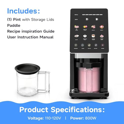 KIKIELF Ice Cream Maker & 10-in-1 Frozen Treat Maker, 20 oz 1 Pint, Mix-In + Re-Spin for Creamy Texture, Gelato, Sorbet, Slushie, Frozen Yogurt & Smoothie Bowls Machine for Homemade, Recipe Guide