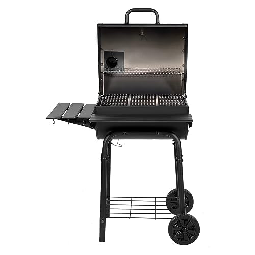 Char-Griller® Wrangler® Charcoal Grill in Black with Metal Shelves, EasyDump™ Ash Pan, Premium Wood Front and Side Shelves with Utensil Hooks, 640 Cooking Square Inches in Black, Model 2823