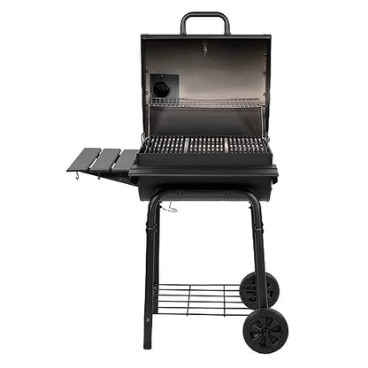 Char-Griller® Wrangler® Charcoal Grill in Black with Metal Shelves, EasyDump™ Ash Pan, Premium Wood Front and Side Shelves with Utensil Hooks, 640 Cooking Square Inches in Black, Model 2823