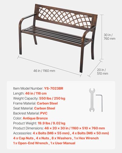 VEVOR Outdoor Bench, 46 inch, Carbon Steel Metal Frame with PVC Mesh Pattern Backrest and Round Edge Armrests, Weatherproof Outside Bench for Patio, Garden, Park, Yard, Front Porch, Antique Bronze