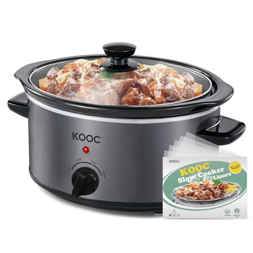 KOOC 4-Quart Slow Cooker, 3 Cooking Settings, Dishwasher Safe Ceramic Crock, Lid, Free Pot Liners Included, GREY, Ellipse Pot