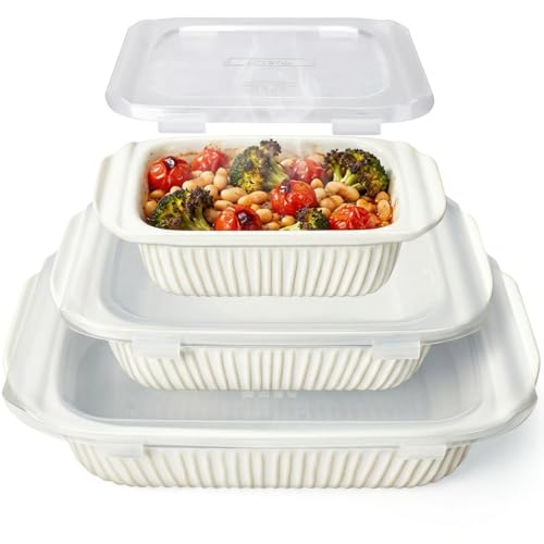 Artena Casserole Dishes For Oven, Ceramic Baking Dish, Large Lasagna Pan With Handles, Baking Pan Casserole Dish, Rectangular Bakeware Deep, White, Set Of 3 (5.1Qt/2.3Qt/1.1Qt) (Baking Dish With Lids)