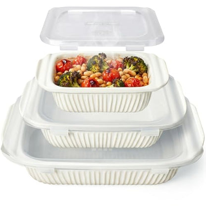 Artena Casserole Dishes For Oven, Ceramic Baking Dish, Large Lasagna Pan With Handles, Baking Pan Casserole Dish, Rectangular Bakeware Deep, White, Set Of 3 (5.1Qt/2.3Qt/1.1Qt) (Baking Dish With Lids)