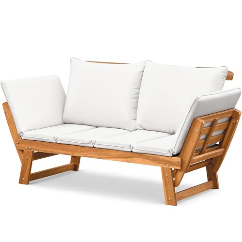 Flamaker Outdoor Couch with Adjustable Armrests, Acacia Wood Patio Loveseat with Soft Cushions, Convertible Patio Furniture for Balcony, Porch, Backyard (White)