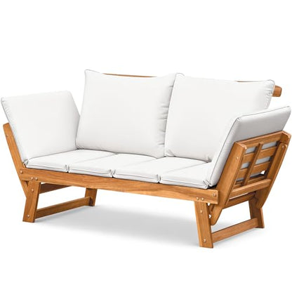 Flamaker Outdoor Couch with Adjustable Armrests, Acacia Wood Patio Loveseat with Soft Cushions, Convertible Patio Furniture for Balcony, Porch, Backyard (White)