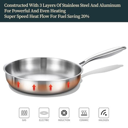 DELARLO Full Clad Tri-Ply Stainless Steel Frying Pan 10 inch, All Stove Compatible Up to 600℉, Heavy Duty, Oven Safe Skillet, 18/10 Cooking Pan, Chef's Pan for Kitchen, Omelette Pan, Flat Bottom