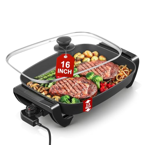 FOHERE 16-Inch Electric Skillet with Glass Cover, 1500W Rapid Heat, Adjustable Temperature, Multi-Purpose Electric Skillet Fried Chicken, Perfect For Family Gathering Cooking