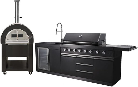 3 Piece Pizza Oven + Black Stainless Steel 6 Burner Black Marble Top Modular Island BBQ Outdoor Electric Propane Grill Kitchen with Fridge, Sink, Side Burner, LED Lights on Knobs, and Grill Cover