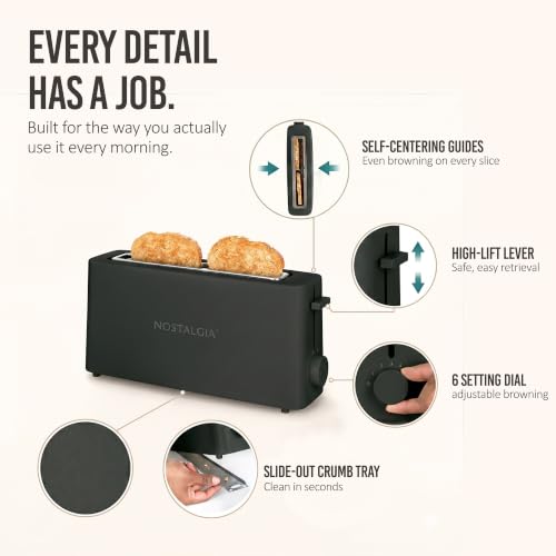 Nostalgia Slim 2-Slice Toaster – Wide Slot – Space-Saving Design – Adjustable Browning Dial – 10-inch Long Slot Fits 2 Slices of Bread or Bagel Halves – Drop-down Crumb Tray – Blackberry