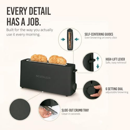 Nostalgia Slim 2-Slice Toaster – Wide Slot – Space-Saving Design – Adjustable Browning Dial – 10-inch Long Slot Fits 2 Slices of Bread or Bagel Halves – Drop-down Crumb Tray – Blackberry