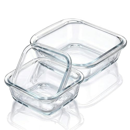 ERSINNO 3-Piece Borosilicate Glass Baking Dish Set - Nestable Square Casserole Dish for Oven, Microwave, Freezer - 752°F Heat Resistant, Clear Glass Roasting Pans for Lasagna, Leftovers, Meal Prep（1 QT,1.2 QT,2 QT)