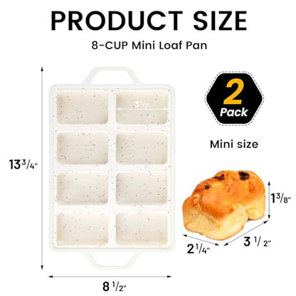 Vinino Silicone Mini Loaf Pans with Metal Reinforced Frame-2 Pack, Non-stick Silicone Bread Pan for Baking 8-Cavity, Tiny Banana Bread Set, Dishwasher Safe Brownie Pan-Cream