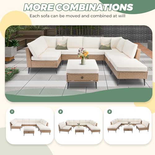 LVUYOYO 8 Pieces Outdoor Patio Furniture Set, Wicker Sectional Sofa Set for All-Weather, Rattan Conversation Sets with Cushions and Storage for Deck, Backyard, Porch (Khaki)