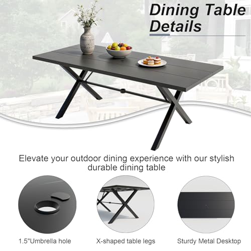 ASJMR 10 Piece Outdoor Dining Table and Chairs for 8, Rectangular Patio Dining Table with 14 Ft Patio Umbrella with 8 Fixed Dining Chairs with Cushions, Lawn Garden Outdoor Table and Chairs-Navy