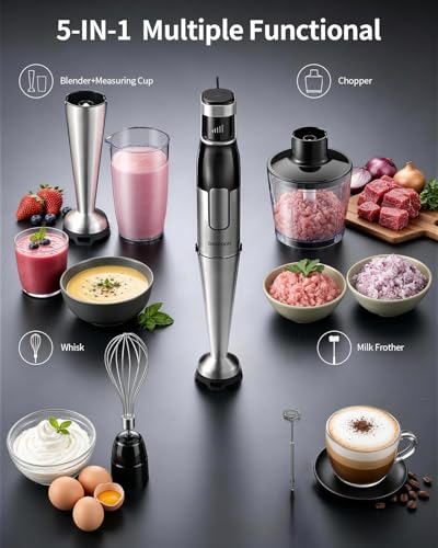 SHARDOR Immersion Blender Handheld, 1100W Hand Blender with Variable Speed, 5-in-1 Stick Blender Stainless Steel Shaft with Chopper, Whisk, Frother & Beaker for Soup, Sauces, Smoothies, Baby Food