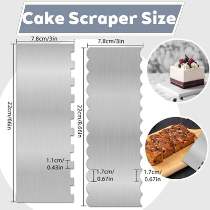 2 Pcs Stainless Metal Cake Scraper Smoother Double Sided Patterned Edge Cake Decorating Supplies Spatula Frosting Icing Tools Comb for Icing Cakes Buttercream Decorating