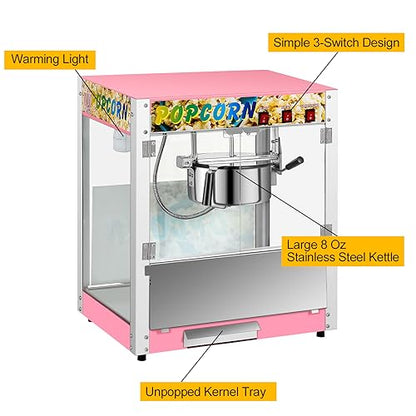 Commercial Popcorn Machine with 8 Oz Kettle, 850 W Countertop Popcorn Maker for 48 Cups per Batch, Theater Style Popper with 3 Switch Control Steel Frame Tempered Glass Doors (pink, 8OZ)