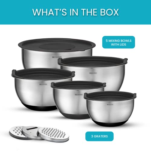 Belwares Mixing Bowls with Lids Set of 5 - Stainless Steel Mixing Bowl Set, Nesting Metal Bowls with Non Slip Bottoms + 3 Grater Attachments, Airtight Lids for Baking, Food Prep + Storage, Black
