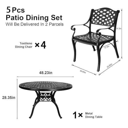 PATIO-IN 5 Pieces Cast Aluminium Patio Dining Set for 4-6 Person,Round 48" Patio Table and Chairs Set of 4 with 2.3" Umbrella Hole,Outdoor Patio Furniture Dining Set for Porch Backyard Deck, Black