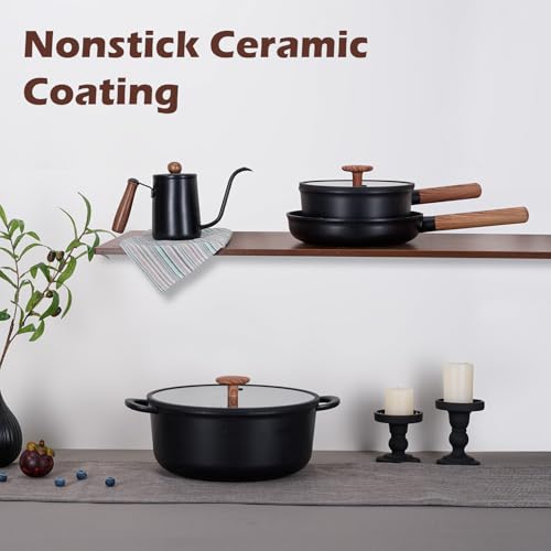 JEETEE Ceramic Cookware Sets 17 pcs, Healthy Pots and Pans Set Non Stick, Induction Kitchen Cooking Set with Removable Handles, Stackable Pots Pans, Oven Safe, PFOA/PFOS Free, Black